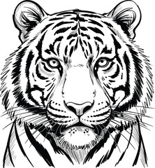 Tiger face illustration, wildlife sketch, bold line art, black and white, fierce animal, vector drawing, front view, artistic design