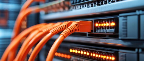 Fiber optic cables connected to server rack detailed close up