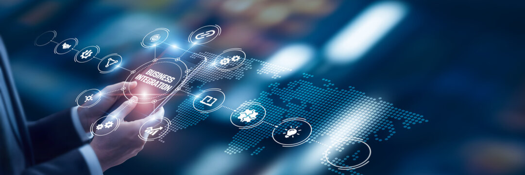 Businessman researches B2B technological and discover data, enterprise trade, digital platforms, lead generation, corporate partnerships, supply chain integration, and market collaboration.