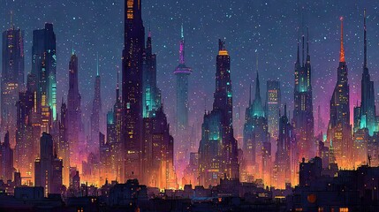 Fototapeta premium Cityscape at night, numerous tall buildings illuminated in purple, blue, and green lights