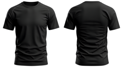Front and back view of a plain black tshirt isolated on transparent background, showcasing its design and texture from all angles for apparel mockups and ecommerce