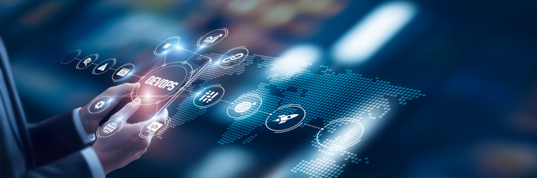 Businessman analysis of data DevOps technological and continuous integration pipelines, cloud-native development automation, software deployment optimization, agile infrastructure management.