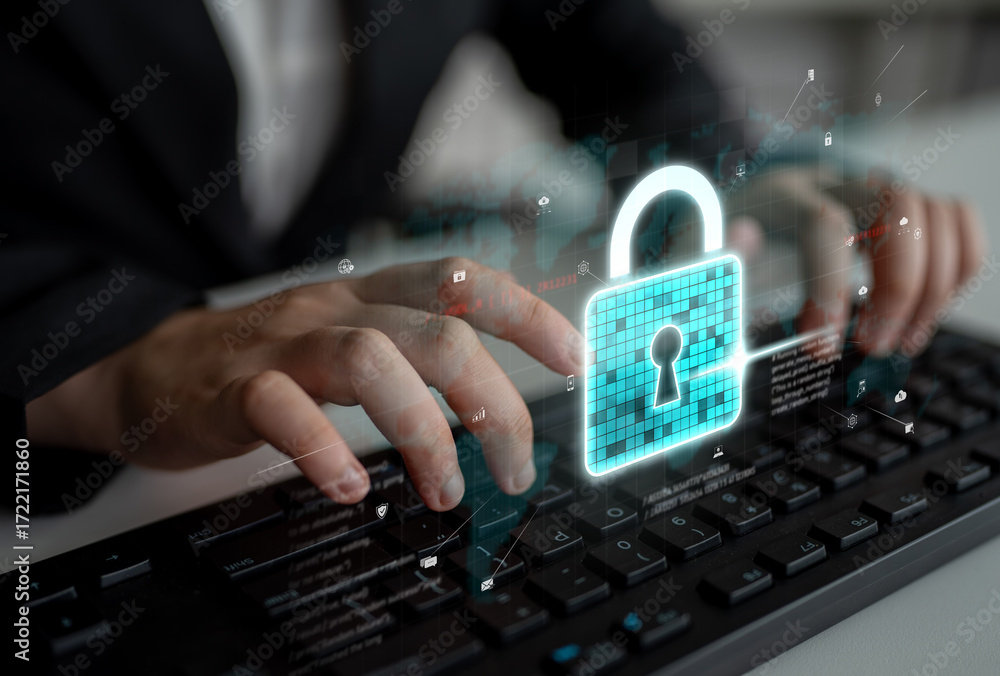 Poster cyber security protects against breaches, hacks, and network attacks using strong infrastructure and