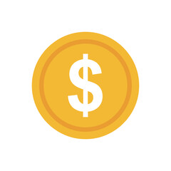 A simple, flat design illustration of a golden coin with a white dollar sign in the center, representing currency and finance.
