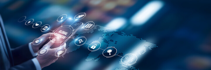 Businessman analysis of data Global Business technological and cross-border trade platforms, multinational enterprise systems, international market analytics, global supply chain frameworks