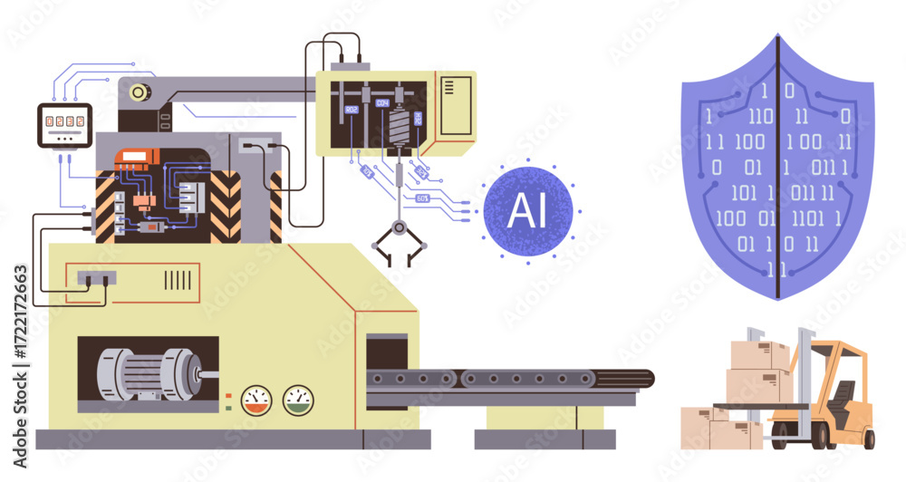 Poster factory machine with robotic arms, ai interface, shield for cybersecurity, forklift loading boxes. i