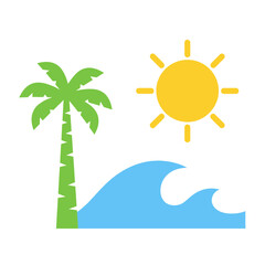 Summer vacation icon: palm tree, sun, ocean wave.