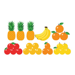 A vibrant collection of various fresh fruits including pineapples, bananas, oranges, apples, and lemons, neatly arranged in groups on a white background.