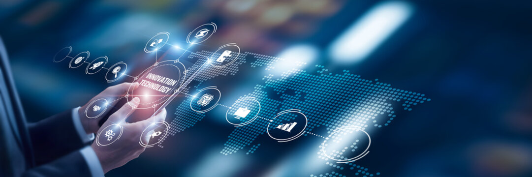 Businessman analysis of data Innovation Technology technological and breakthrough R&D platforms, cloud-based prototyping solutions, disruptive digital transformation frameworks.
