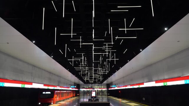 A modern interior of an underground metro station in Espoo, Helsinki, Finland