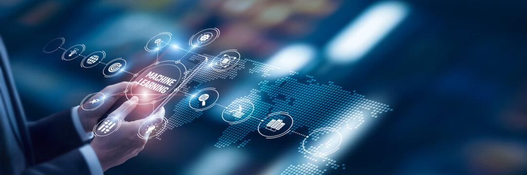 Businessman analysis of data Machine Learning technological and predictive analytics models, deep learning frameworks, natural language processing tools, AI-driven decision-making platforms.