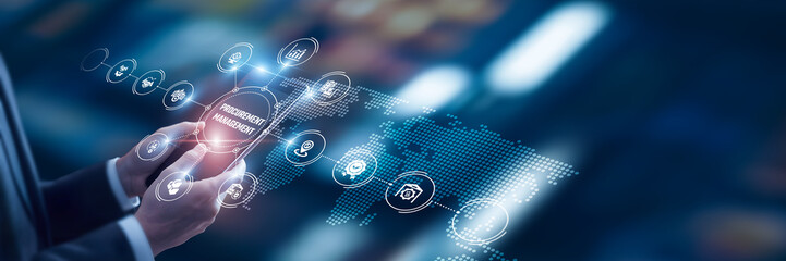 Businessman analysis of data Procurement Management technological and supplier evaluation systems, contract lifecycle tools, e-procurement platforms, spend analytics solutions