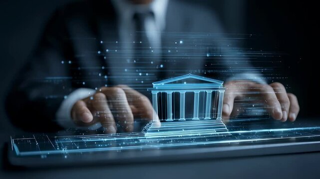 Medium shot showing a legal professional using AI software to conduct indepth case law research and find relevant precedents quickly.