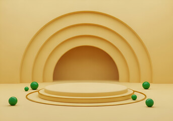Obraz premium Modern golden podium stage for product display and presentation with arch background and green spheres