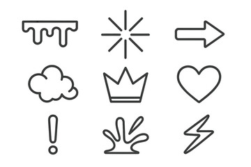 Street Art Icons. Line style icons of street art elements: paint drip, star burst, arrow swipe, cloud puff, crown shape, heart