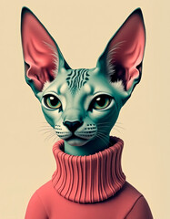 A sphynx cat features prominently with large ears and a unique facial expression, clad in a vibrant turtleneck. The background is softly colored, enhancing the artistic vibe.