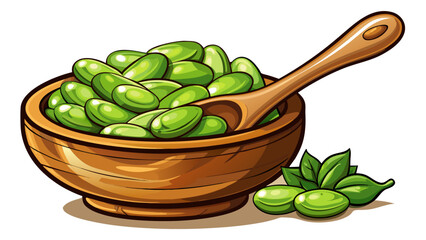 Broad beans in a wooden bowl and spoon isolated on white background, detailed vector illustration, nutritious legumes, perfect for culinary graphics, healthy food packaging, organic cooking themes, 