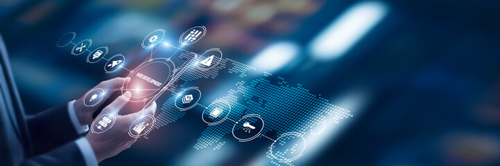 Businessman analysis of data Web Development technological and front-end design platforms, full-stack coding frameworks, CMS solutions, responsive website optimization tools, e-commerce integration.