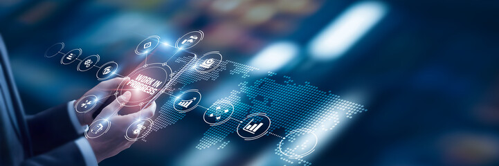 Businessman analysis of data Work In Progress technological and real-time tracking platforms, project monitoring tools, task collaboration systems, agile workflow optimization solutions.