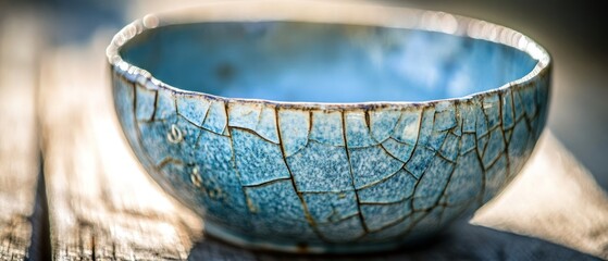 Rustic blue ceramic bowl crackle glaze closeup photography