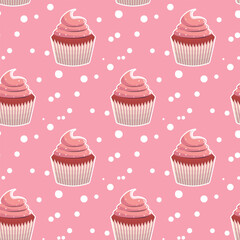 Seamless pattern wiht muffin cake, sweet cupcake with cream, delicious pastries. Modern vector illustration for cafe, restaurant, fabric, textile. Dessert background for a candy bar.