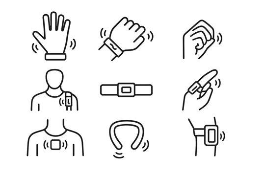 Wearable Haptic Devices. Line style icons of wearable haptic devices: haptic glove, vibration wristband, smart ring feedback,