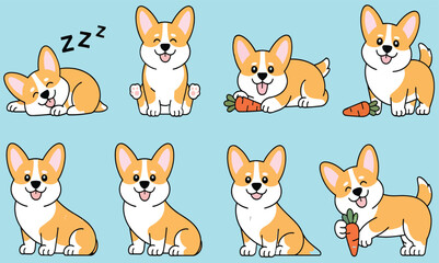 A pattern of cartoon corgis in various poses on a light blue background with black outlines