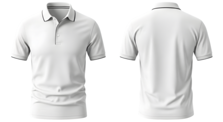 Front and back view of a plain white shortsleeved polo shirt with a collar and buttons, isolated on a transparent background