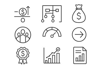 Social Impact Icons. Line style icons of social return on investment (SROI): SROI formula, outcome mapping chart, financial proxy