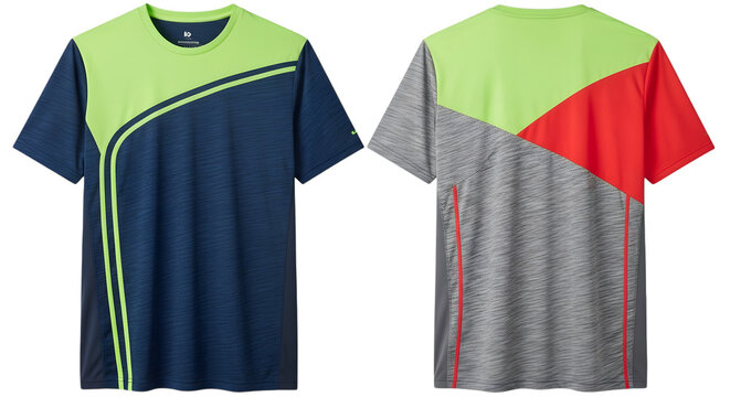 Front and back view of a mens shortsleeved athletic tshirt with a modern design, featuring a color block pattern with navy blue, lime green, and gray sections, accented with red and yellow stripes, is