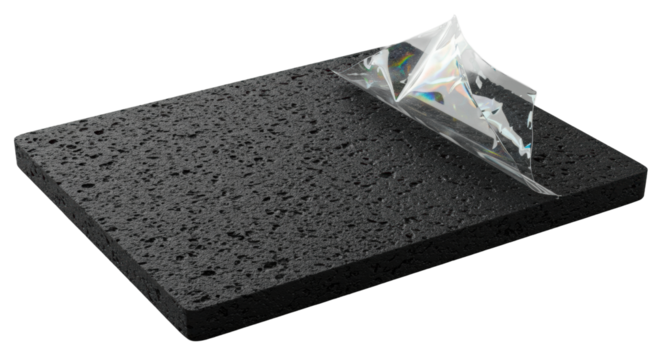 Ultra-macro close-up of a charcoal grey composite material with intricate micro-ridges, a highly reflective protective film peeling, emphasizing dynamic tension and material study