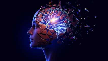 Obraz premium Shattered human head revealing luminous brain and fragments profile face