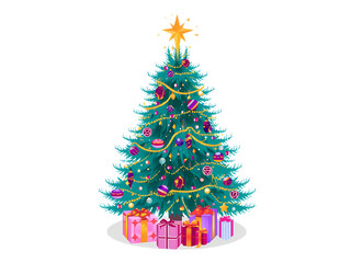 Naklejka premium Vector Christmas tree with gifts and golden star on transparent background