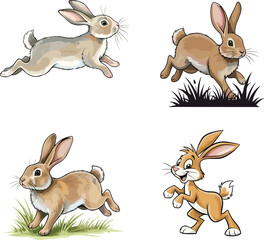 Rabbit illustration, cartoon rabbits, leaping rabbit, hopping bunny, rabbit poses, animal motion, cute bunny, rabbit character, rabbit artwork, rabbit drawing