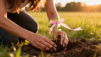 Woman planting a sapling with pink ribbon in a field