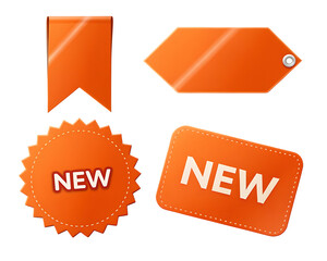 Collection of vibrant orange new tags and labels for promotions and sales isolated on transparent background