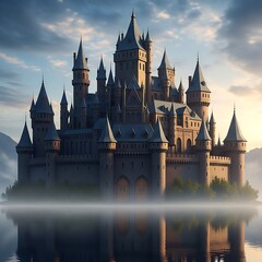 Obraz premium Majestic Island Castle in Misty Morning Light.