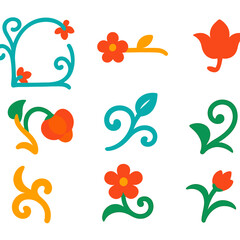 Elegant Floral Icons. Flat vector icons of elegant floral ornaments: curled vine frame, floral accent dash, leaf swirl mark,