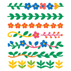 Colorful Botanical Icons. Flat vector icons of black botanical borders: horizontal stem border, alternating petal chain, leaf line