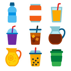 Vibrant Drink Icons. Flat vector icons of cold drink items: water bottle, soda can, juice glass, smoothie cup, iced coffee, cold
