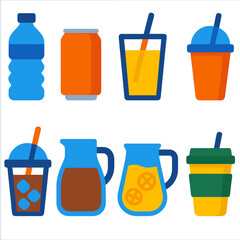 Vibrant Drink Icons. Flat vector icons of cold drink items: water bottle, soda can, juice glass, smoothie cup, iced coffee, cold