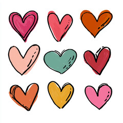 Set of hand-drawn hearts clipart, simple flat vector illustration, white background