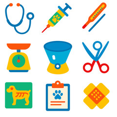 Veterinary Equipment Icons. Flat vector icons of veterinary equipment: stethoscope, syringe for animals, animal thermometer, pet