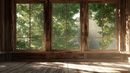 Fototapeta premium Bright wooden interior features large windows that reveal vibrant greenery outside, creating a serene and inviting atmosphere