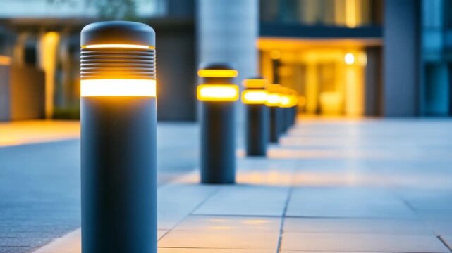 Modern, illuminated bollards line a walkway outside a building at dusk.