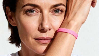 Close-up of a woman's face with pink bracelet