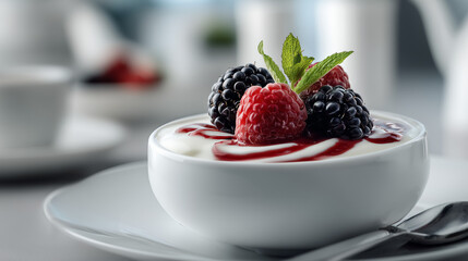 bowl filled with creamy yogurt artistically topped with fresh berries and an elegant raspberry sauce swirl