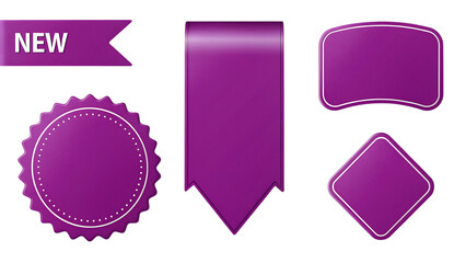 Vibrant purple new tags labels and ribbons for promotion and sale isolated on transparent background