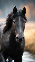 Majestic black horse stands in shallow water as autumn colors create a serene backdrop