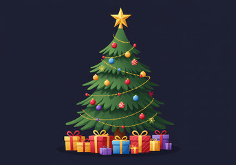 Obraz premium Vector Christmas tree with gifts and golden star